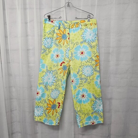 Patchington Green Blue Floral Cropped Pants Retro Boho 12 - Picture 1 of 16